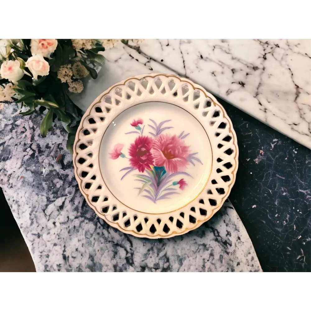 40s Collectible Dish from Japan 1940s Gold Edged Pink Flowers Lattice Edged